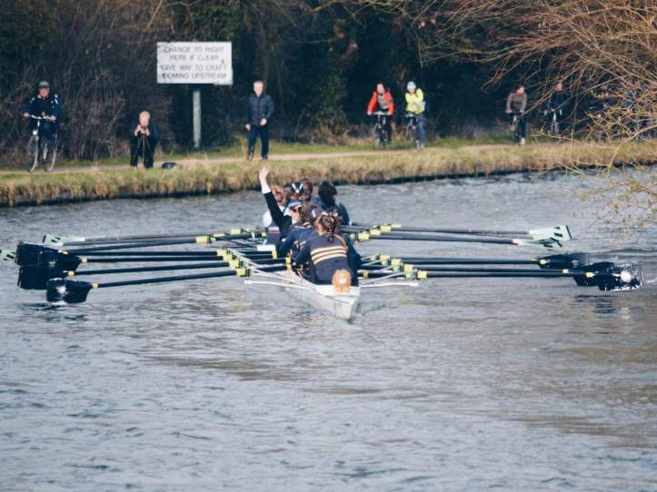Picture 4: Our bump on the last day of Lents, earning us Blades. This photo is a good example of the cox raising their hand to concede that they have been bumped. Photo: ‘Can’t Help but Catch Crabs’, another regular Bumps photographer