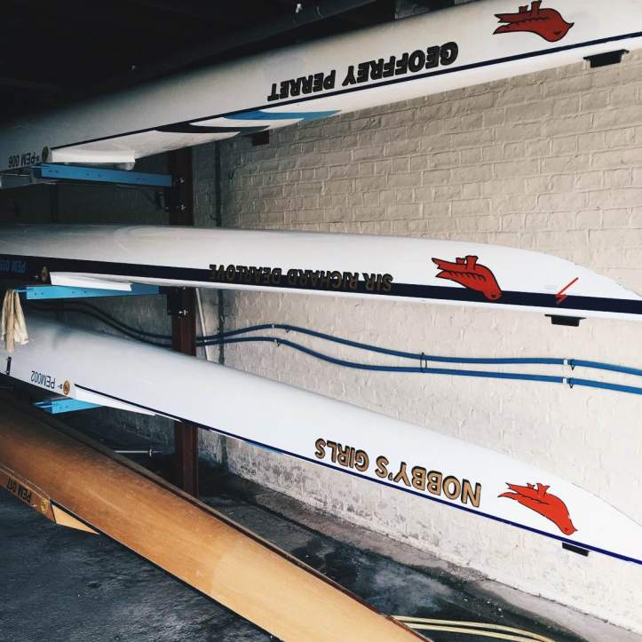  Picture 9: The first women use the ‘Rebecca Caroe’ for most of the year, usually including Lent Bumps. The ‘Mays’ boat is the lighter, blue-striped ‘Sir Richard Dearlove’, donated by and named after Pembroke’s recently-retired Master, who continues to be an enthusiastic supporter of the boat club. This year we got to use the ‘Dearlove’ in Lents, an indicator of boatman Kev’s confidence in our rowing and cox James’ steering. Photo: CL, with an iPhone 6 and VSCO.