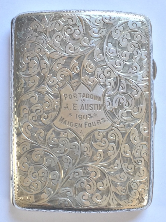 Silver cigarette case presented to A. E. Austin, winner of the Maiden Fours at Portadown Regatta in 1903. 8cm x 5cm – hallmarked Chester1902.