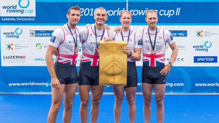 Caption: GB’s gold medal coxless four at Lucerne – from left to right: Callum McBrierty, Moe Sbihi, George Nash and Alex Gregory. Photo: British Rowing's website.