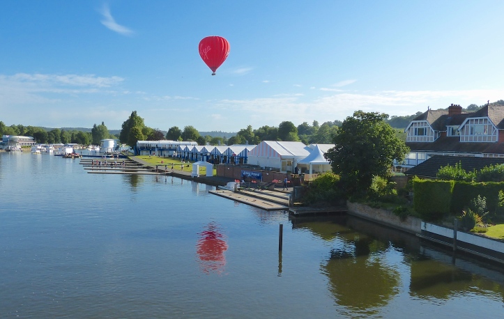 The view downstream from Henley Bridge on Tuesday 28th June, the day before the start of the 2016 Regatta. Leander Club is on the right and to the left of the ‘Pink Palace’ is the regatta’s boat tent area.