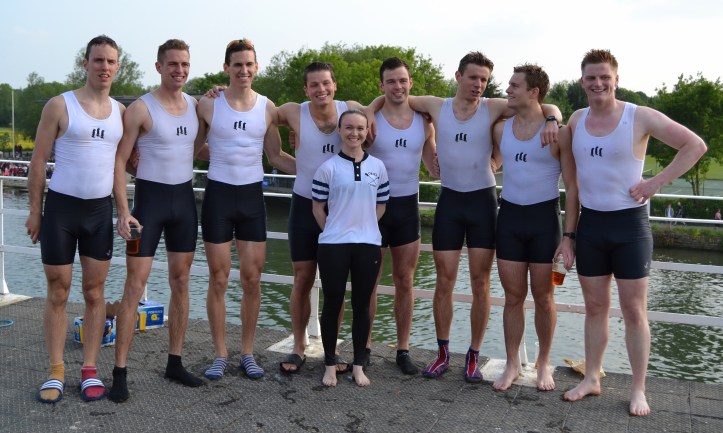 Oriel’s Headship crew. Left to right: Stevan Boljevic (7), Alec Trigger (4), Iain McGurgan (Stroke), Henry Shalders (Bow), Betsy Jones (Cox), Sam Salt (2), Rufus Stirling (6), Charlie Cornish (5) and Louis Lamont (3). Charlie Cornish, who rowed in the Boat Race and Head of the River crews in 2014, subbed in for Joe Dawson who rowed for Isis in 2012, 2013 and 2016. There was some fear that a late change would give Christ Church the edge but, clearly, it did not.