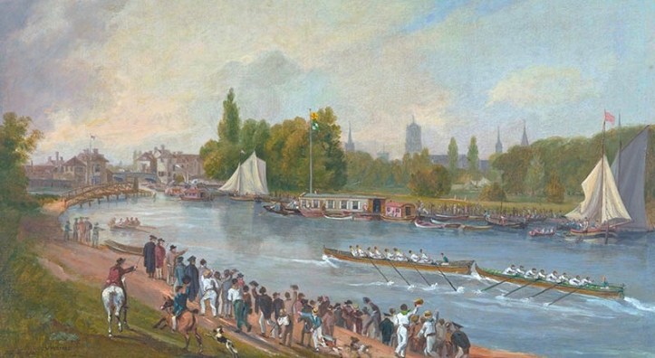 Bump racing on the Isis (as the Thames at Oxford is known) in 1822. It is a scene that is still very recognisable today. Downstream (on the left here) is the stone built ‘Folly Bridge’. In 2015, HTBS reported on the 200th Anniversary of bump racing at Oxford https://heartheboatsing.com/2015/05/30/200-years-of-oxford-racing/ and on how this was celebrated. https://heartheboatsing.com/2015/05/31/brasenose-won-with-more-than-a-nose/