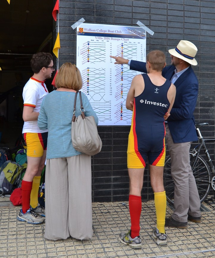 Pic 21. At the University College Boathouse, rowers from Wolfson and their guests check the ups and downs of the previous three days on a ‘bumps chart’.