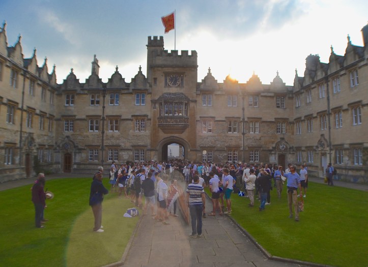  In the Oriel College quad, the boat is placed where it will be burned following that evening’s ‘Bumps Supper’. When I reported on the same ritual in 2014, https://heartheboatsing.com/2014/06/10/bumps-to-the-head-the-2014-oxford-summer-eights-part-2-an-oriel-picture-diary/ the boat was smashed up at this point. This year, Health and Safety has decided that such a thing is too dangerous.
