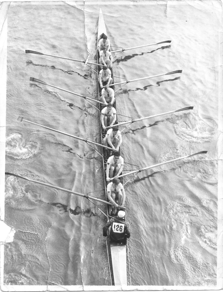 Pic 2. Henri is at ‘7’ in this Kensington Rowing Club Eight competing in the 1958 Head of the River Race. John Dixon is at ‘5’ and Jimmy Pigden is coxing.