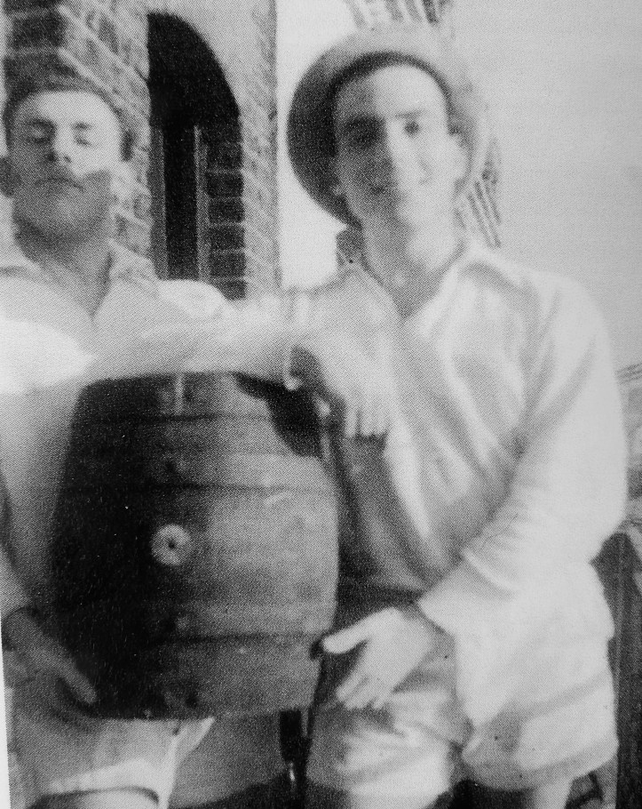 Pic 4. On the KRC balcony, left to right: John Dixon, a wooden cask of Fuller’s London Pride, Henri.