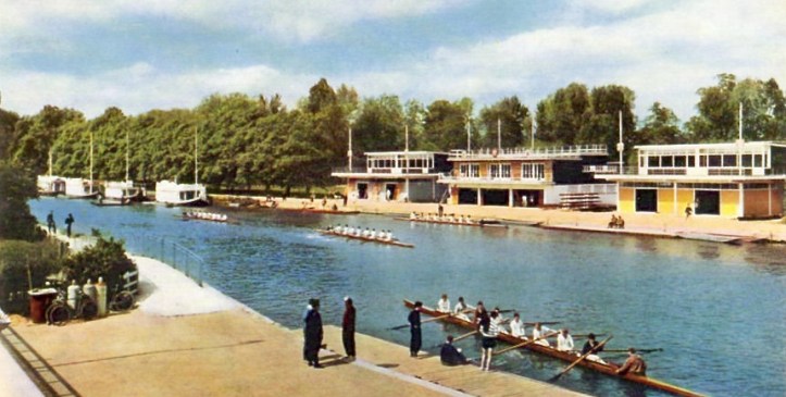 This picture is probably from the early 1960s – when there was still a mix of boathouses and barges along Christ Church meadow. As it shows the last boathouse nearest to Folly Bridge as that of Brasenose and Exeter, it is certainly pre-1964 as it was in that year the Jesus/Keble and the Corpus Christi/St John’s boathouses were built to the left of the Brasenose/Exeter building as viewed here.