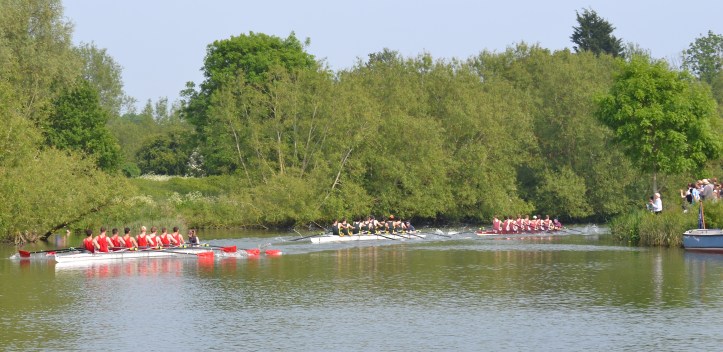 The ‘Gut’ is a tricky bend in the course that has been the downfall of many crews. Here, in Men’s Division III, Exeter lead St Peter’s and Merton out of the Gut.