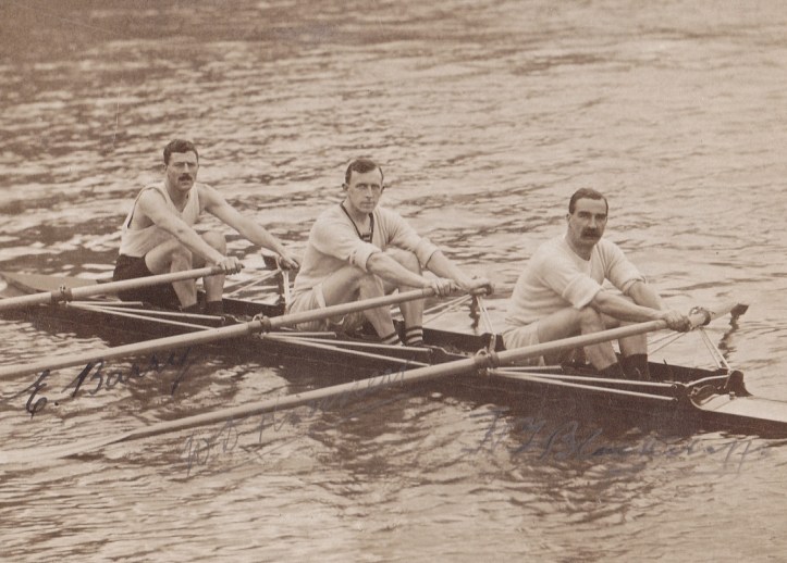 Left to right, Ernie Barry (World Professional Sculling Champion five times), Wally Kinnear (Olympic Sculls, 1912) and Harry Blackstaffe (Olympic Sculls, 1908). Barry was probably the fastest of the three but this could never be tested in open competition as he was a professional and the other two were amateurs. 