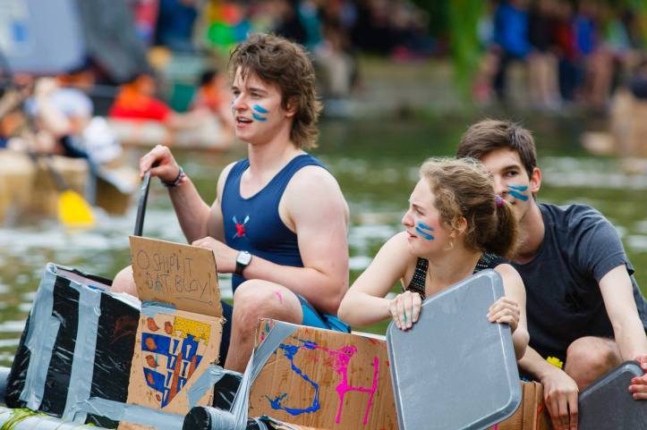 member of PCBC participating in another great Cambridge tradition, the Cardboard Boat Race. Photo Credit: Qty Photography.