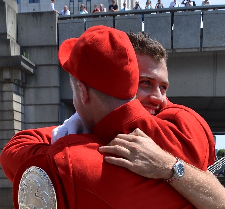Louis Pettipher, who won the Coat and Badge in 2015, embraces Ben Folkard on his return to Fishmongers’ Hall after his victory in the 2016 race.