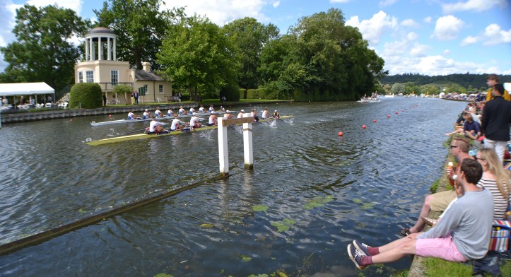 The Remenham Challenge Cup (Women’s Open Eights) passing Temple Island. Princeton Training Center, USA, (nearest camera) beat Veslařský Klub Slavia Praha and Veslařský Klub Slavia Dĕčin, Czech Republic. Verdict: Easily.