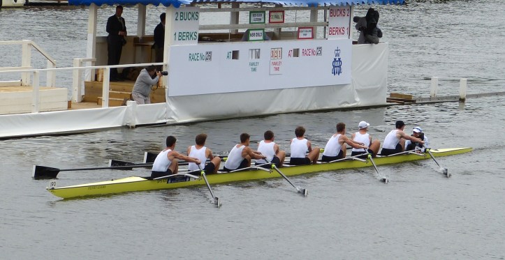 St Paul’s School pass the progress board, about ten strokes from the finish. They beat Jesuit College Preparatory School of Dallas, USA, by 3 lengths in the Princess Elizabeth Challenge Cup (Junior Men’s Eights).