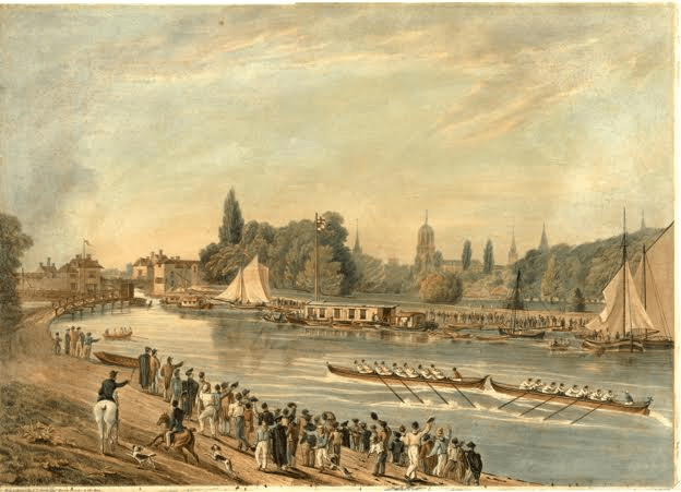 One of the earliest known scenes of a race between two eight-oared boats at Oxford University. It was originally thought to be the 1822 ‘disputed bump’, but now believed to be the 1821 race which Brasenose won.