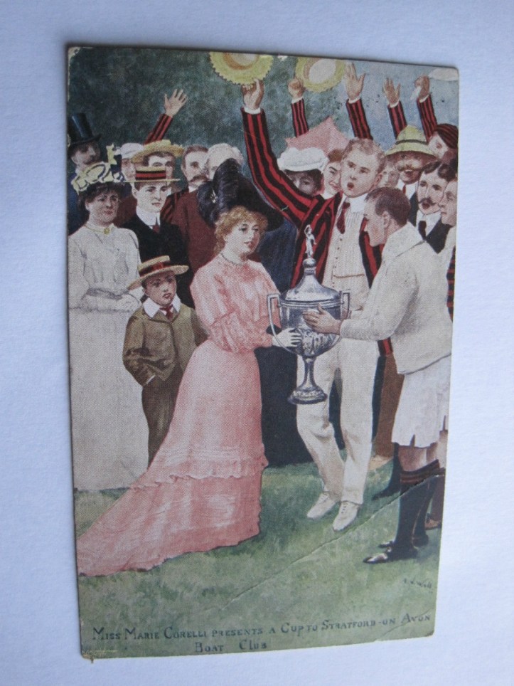I didn’t mind this postcard being published. The day I presented the cup to Stratford-on-Avon Boat Club, the captain called for ‘three cheers for Miss Corelli, our Mighty Atom’ and my boys threw their boaters in the air. 