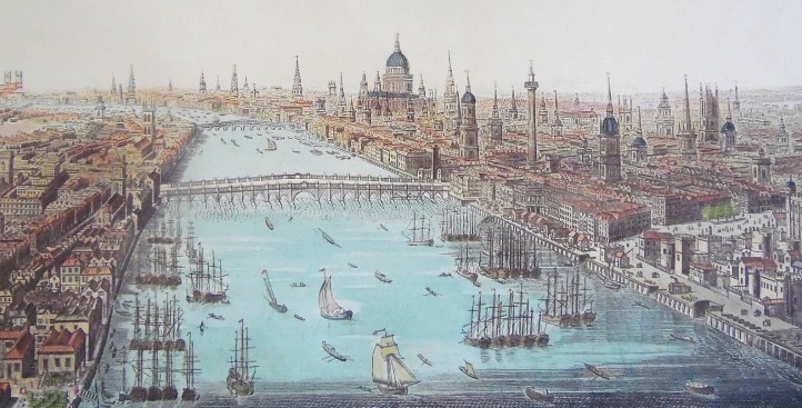 Looking west along the Thames in 1794. In the foreground is ‘Old London Bridge’, 1209-1831, the start point for the Doggett’s Coat and Badge. This shows the first 3,000 metres of the race, as far as Westminster. The other bridge is the first one built at Blackfriars, opened in 1769.