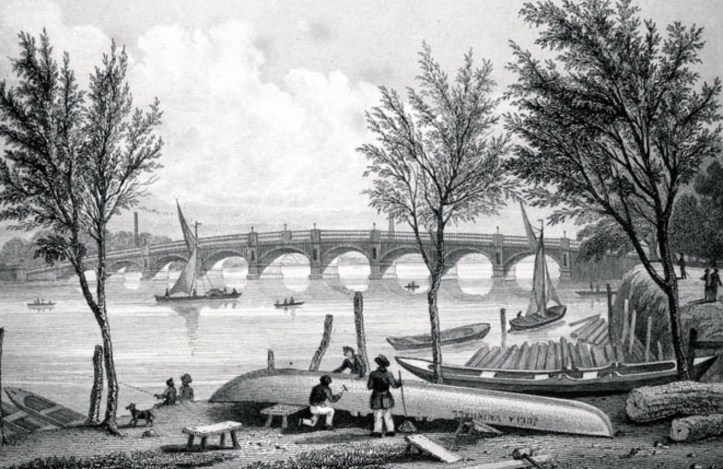 Vauxhall Bridge viewed from the north bank, 1827.