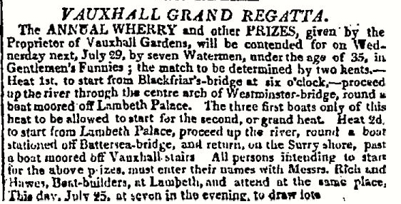 A notice in The Times, 25 July 1812. ‘Gentlemen’s Funnies’ were in-rigged single sculling boats.