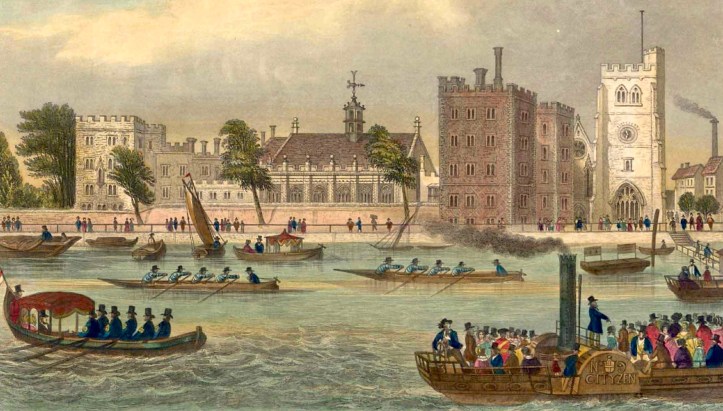 In this view of Lambeth Palace in 1850, the buildings on the right are still clearly recognisable in the modern photograph.