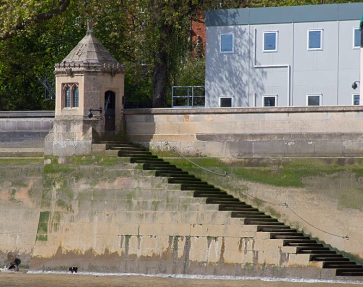 A close up of ‘Black Rod’s Steps’. The Gentleman Usher of the Black Rod is, in theory, responsible for maintaining the buildings, services, and security of the Palace of Westminster. His steps are a reminder of the time when travelling by river was faster, safer and more comfortable than attempting to use the unsatisfactory roads.