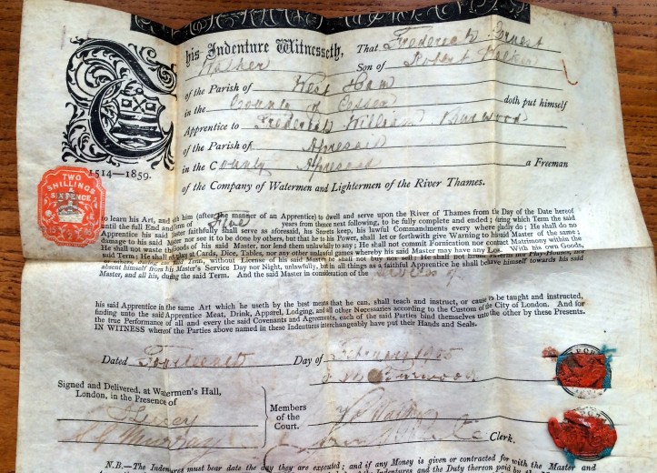 FE Walker’s certificate of indenture to FW Burwood, dated 1905.