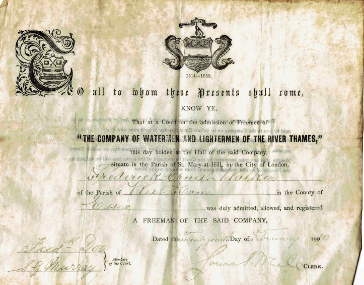FE Walker’s Waterman’s Certificate, dated 1910.