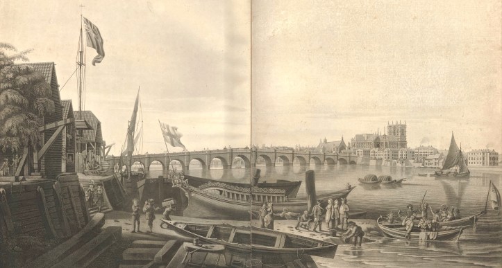 ‘A View….. from Kings Arms Stairs, Narrow Wall, Lambeth Marsh’ (1791). This is about where the ‘London Eye’ is today. Westminster Bridge is in the background. This splendid very high-resolution picture (click twice to enlarge) is from the website, “A London Inheritance”. http://alondoninheritance.com/category/london-history/ A waterman in his Coat and Badge stands by the bow of the wherry in the foreground.