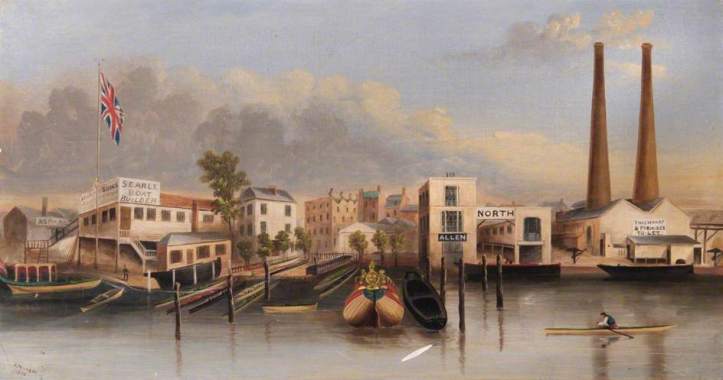 ‘Lambeth and Southwark Waterfront, London’ (1853) by Richard John Pembery, 1820-1891. (Lambeth Archives). On the left, Searle’s boatyard was probably the most notable in Lambeth at this time and was the first home (c. 1818-1860) of what became Leander Club. A splendid article by Nigel à Brassard on both the origins of Leander and on the different versions of this painting is here. http://www.sportshistorian.co.uk/#!Leander’s-original-location-at-Lambeth/cnei/55705d480cf219f177258017 Other boat builders shown are Allen and also North. 