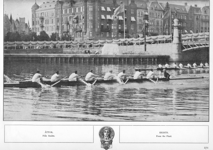 The final of the Eights. Leander lead New College as they go under the Djurgården Bridge.