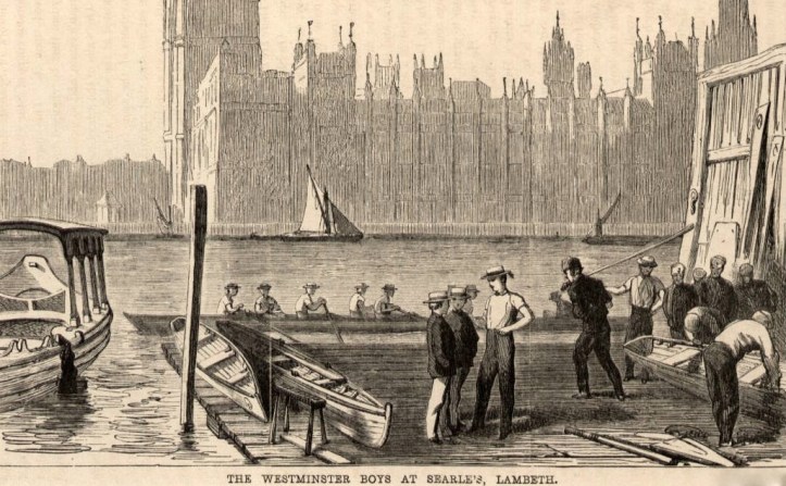 ‘The Westminster (School) Boys at Searle’s, Lambeth’. Date unknown but the current Palace of Westminster is shown opposite, so it is post-1852.