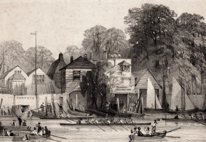  Upriver from Searle’s, near to Lambeth Palace, was Roberts Boat Builders, pictured here in 1860.
