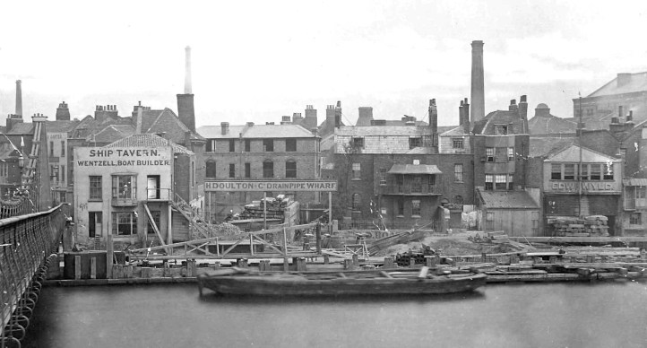 Upriver again from Roberts, next to the old Lambeth Bridge. This 1866 view of Lower Fore Street shows, on the left, the Ship Tavern and Wentzell boat builders sharing the same premises and, on the right, boat builder Edward Wyld, from where Westminster School boated.