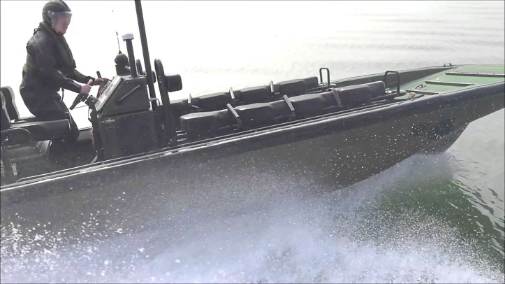 A stock photo of a Rigid Raider, a 6.5-metre, 240hp landing craft and patrol boat, capable of 38 knots and which can carry eight soldiers and three crew. The ‘passengers’ straddle the saddle type seating and hold on very tightly.