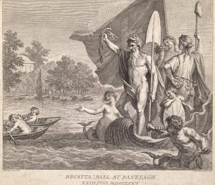 One of the 1,500 tickets sold for the Raleigh Ball. In his Beauty and the Boats (2005), Tom Weil says that this is the earliest known image of a prize-giver for a sporting event holding up medals on ribbons. I should add that naked men are no longer allowed to officiate at junior rowing events.