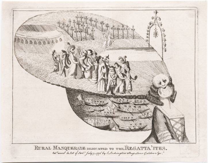 A peculiar and slightly disturbing cartoon of 1776 titled ‘Rural Masquerade Dedicated to the Regatta’ites’. The top part of the headdress shows figures in a garden dressed for a masquerade. Below is probably a scene from the Ranelagh Regatta. Despite the female body, the figure may be meant to be Neptune or Father Thames.