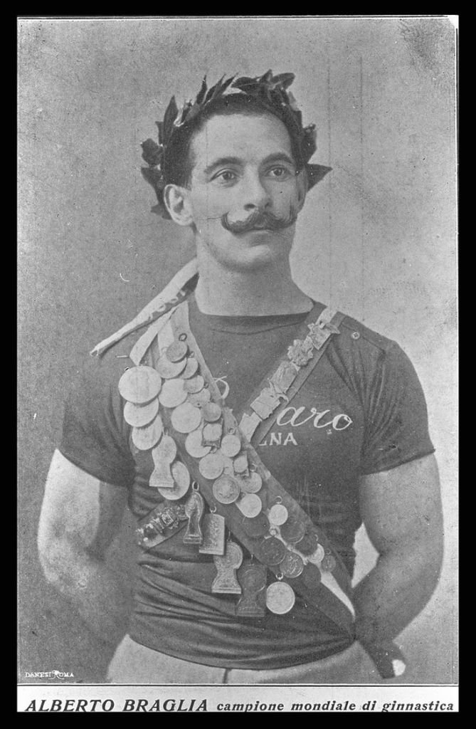 Italian gymnast Alberto Braglia poses proudly with his many medals including two golds from Stockholm. For British ‘gentlemen amateurs’ at least, such a display would be considered vulgar in the extreme. In those days, Olympic medals were not provided with any sort of loop to hang them by.