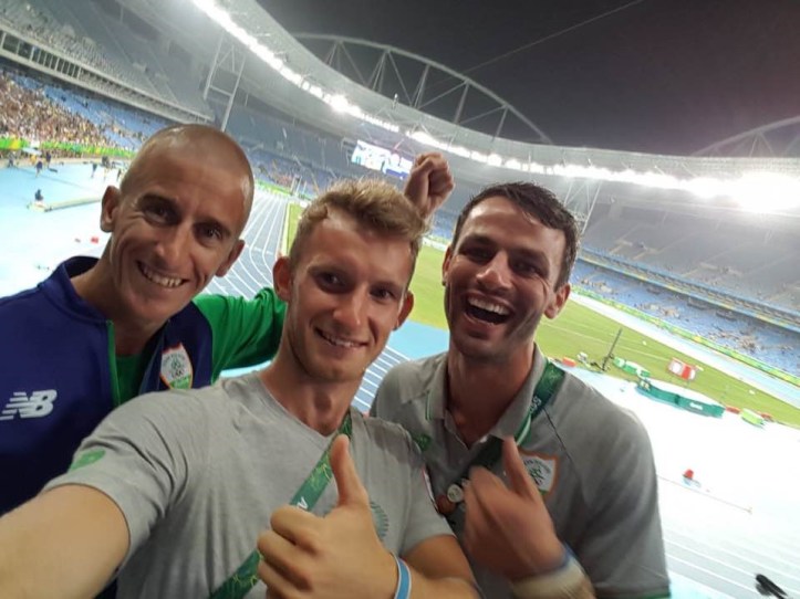 A selfie by Gary O’Donovan with Rob Heffernan (left) and Thomas Barr (right). Heffernan a five-time Olympian (2000 to 2016), finished 4th in the 50km Walk in London in 2012 and in March 2016 was upgraded to the bronze medal position after the race winner, Sergey Kirdyapkin (Russia), was eventually disqualified after a protracted appeals procedure. Photo: Gary O’Donovan.