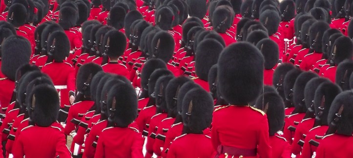 Men of the Foot Guards, who, together with the Household Cavalry, form the Household Division, the soldiers who traditionally guard The Royal Family.
