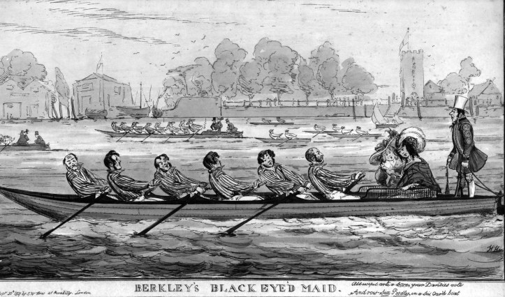 A not too serious view of gentlemen (plus passengers) rowing a six-oar from 1827.