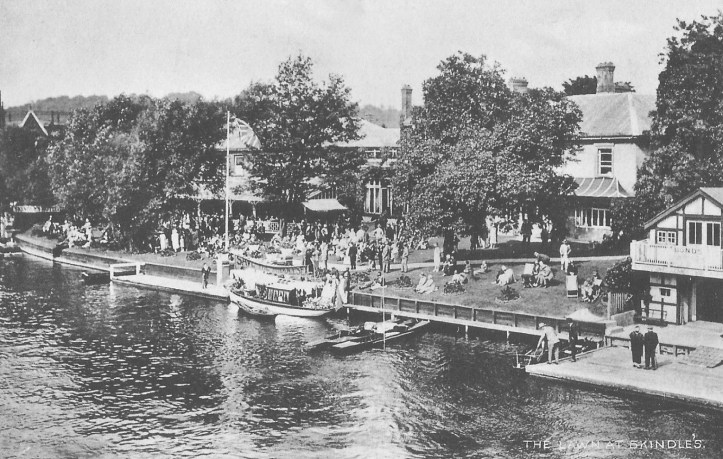 The most common view of Skindles – from the river. This picture is probably from the 1930s and the building on the left (with the veranda) was possibly built or adapted in 1883 as the Guards Club ballroom and bar.