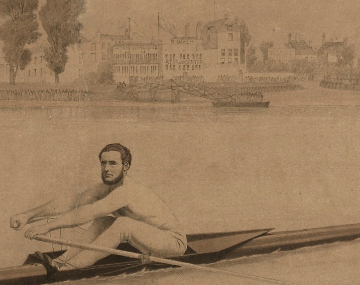 Another detail from Bragg. On the right is R Baker’s ‘Star and Garter’ (which still exists though in a completely rebuilt form) and, to the left of this, the sign for the ‘London Rowing Club’ can just be made out. Between 1856 and 1871 (when it moved to its present building), London rented the 'new extension' of the ‘Star and Garter’.