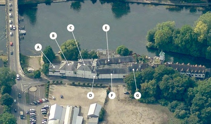 An aerial view of the Skindles complex in 2014. ‘D’ is the Guard’s original 1865 club (with the BGBC keystone added later) and ‘E’ is the ballroom and bar built in 1883.