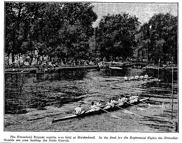 A Times newspaper photograph of the Grenadier Guards beating the Scots Guards in the final of Regimental Eights at the 1921 Regatta.