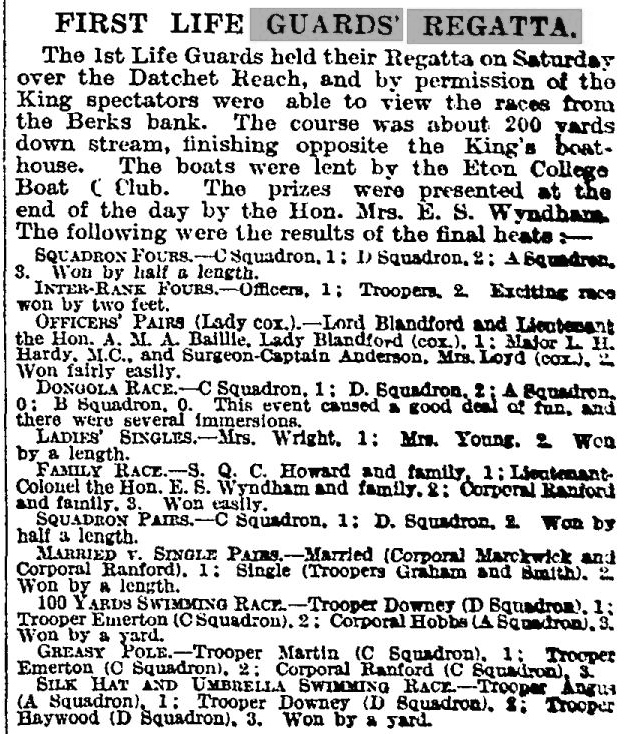 While Guards Officers had their own boat club and annual regatta, boat racing for the ranks was more impromptu, often taking place in Windsor according to reports in The Times. This 1920 Times piece on the First Life Guards Regatta recorded events for both officers and for troopers (privates). Notably, there were two inter-rank races. Would this mixing have happened before the 1914 - 1918 War?