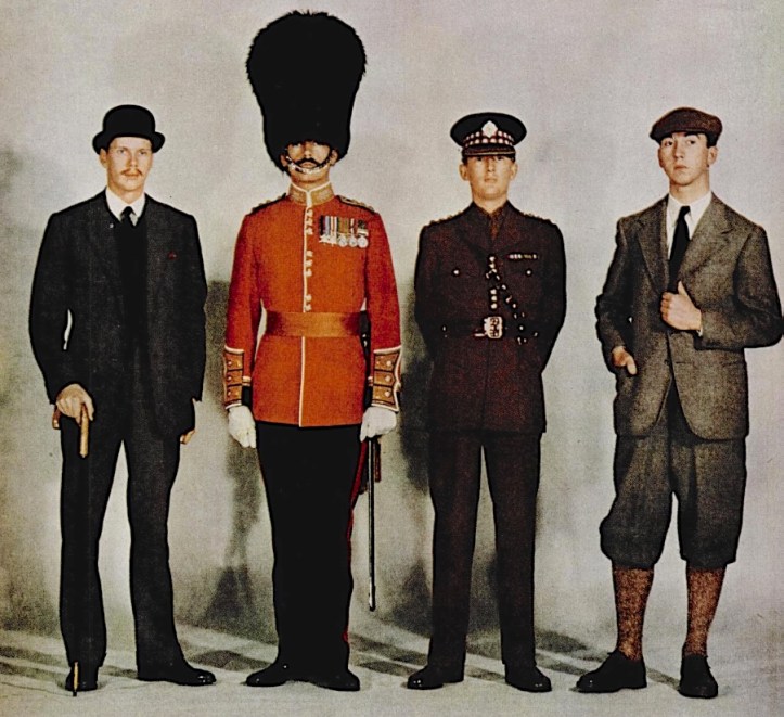 When this picture of an off-duty Guards officers was taken in 1953, the Brigade was slowly adapting to the post-war world. As an example, the ban on officers using London Transport and on carrying parcels (though not bags) in town had recently been lifted. Some anachronisms still exist today though; the unreliable Daily Express says that brown shoes are only allowed in the mess at weekends.