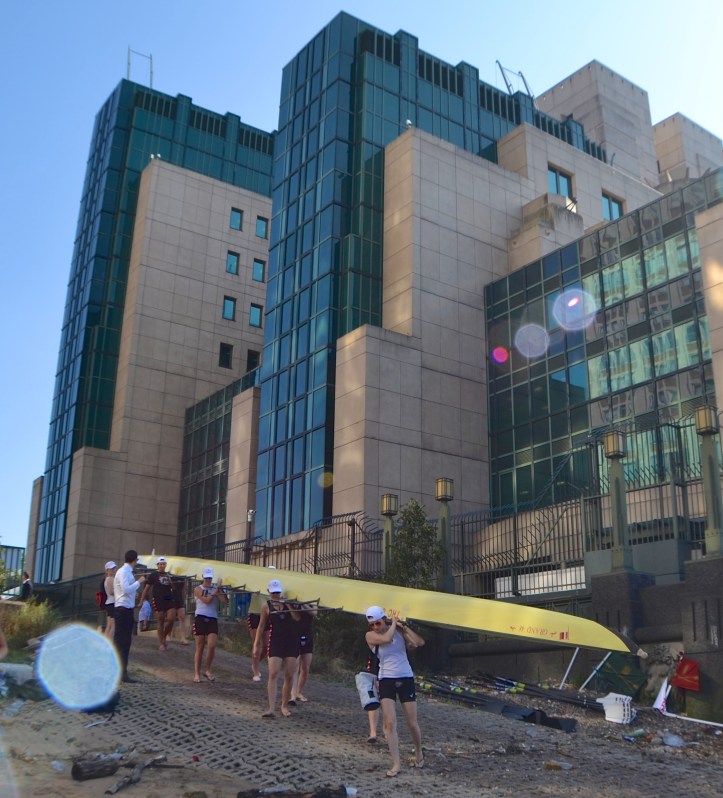 The Thames Rowing Club women’s eight goes afloat in the shadow of the slightly Kafkaesque headquarters of Britain’s Secret Intelligence Services (‘MI6’).