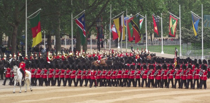 The Household Cavalry, comprising of the Life Guards (red tunics) and Blues and Royals (blue tunics) look on as the Colours pass.
