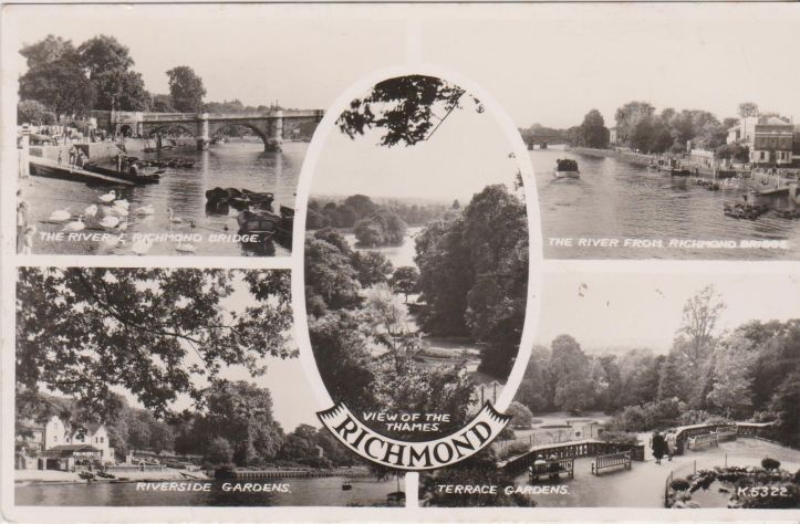 A 1950s postcard of Richmond, Surrey, which rightly gives prominence to the town’s riverside setting. The ‘View of the Thames’ from Richmond Hill illustrated in the centre is possibly unique in that it is one protected by a specific Act of Parliament.