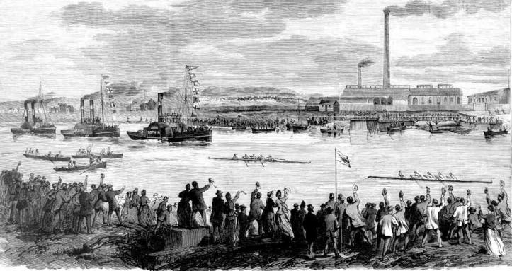 The first boat race between Sydney University BC and Melbourne University BC on the Yarra in 1870.